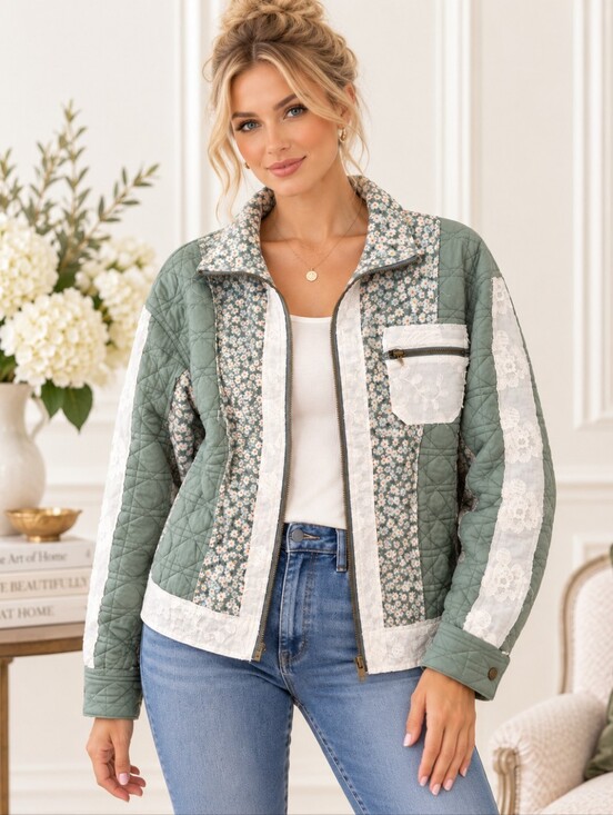AMPERSAND AVE Jackets & Blazers - Ampersand Avenue | Quilted Jacket Size XS Sage Floral Lace Patchwork Cottagecore